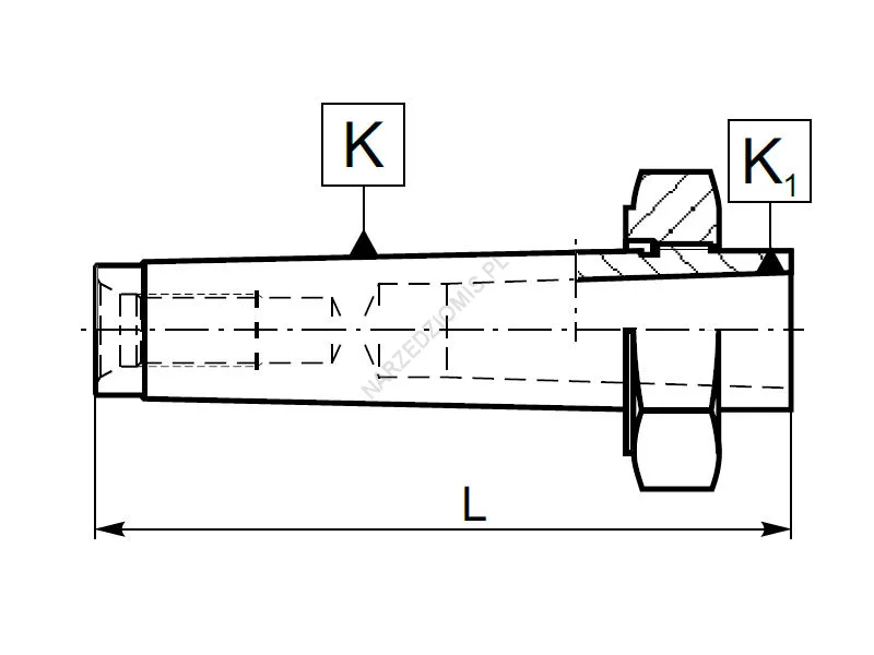 Rysunek techniczny: Tuleja redukcyjna z chw. Morse'a na stożek Morse'a z nakrętką: T.1775 MS3/MS1 - KOLNO